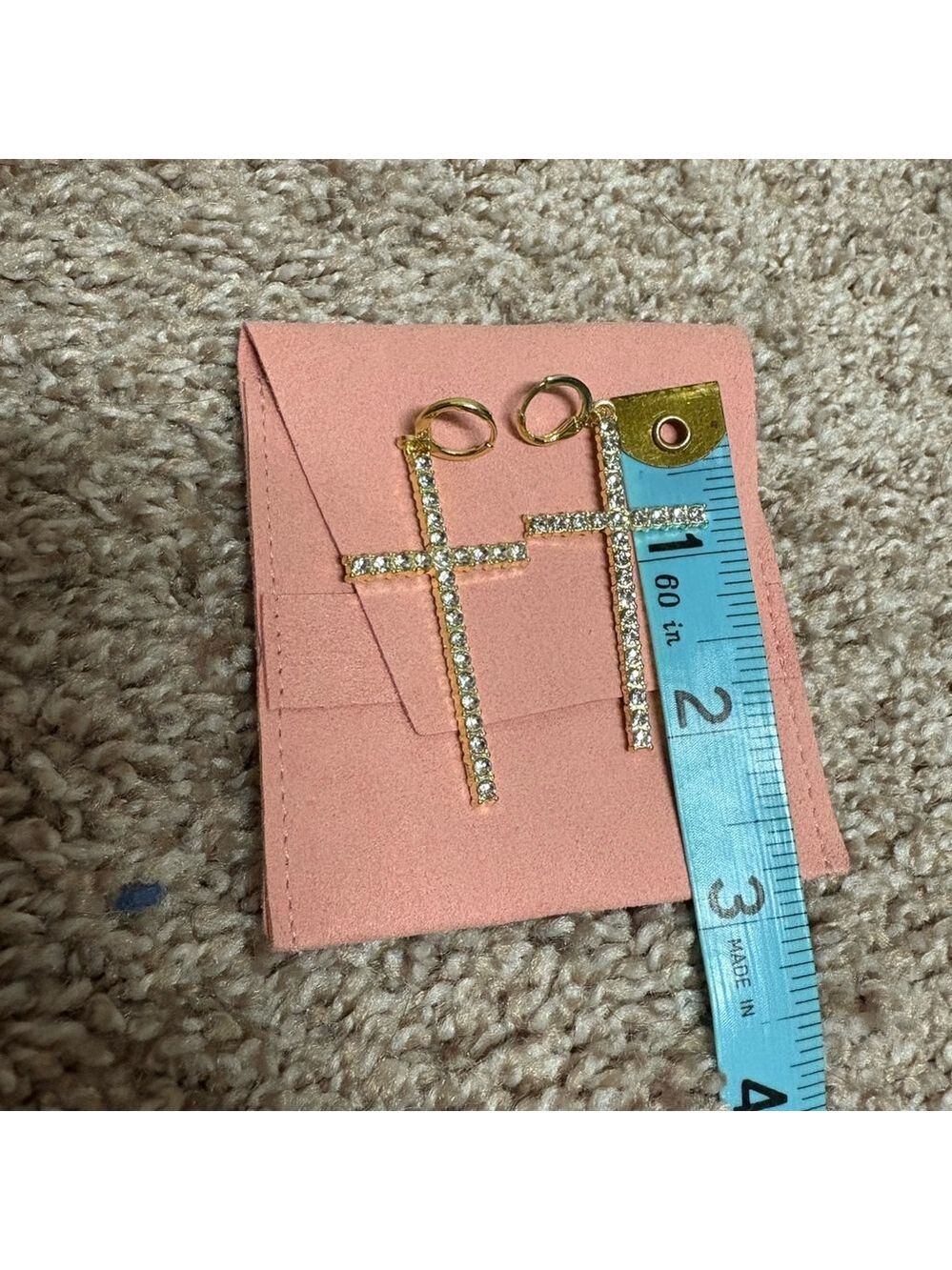 New cross earrings yellow gold cubic zirconia cz 2 inch religious jewelry NWOT - Picture 8 of 11